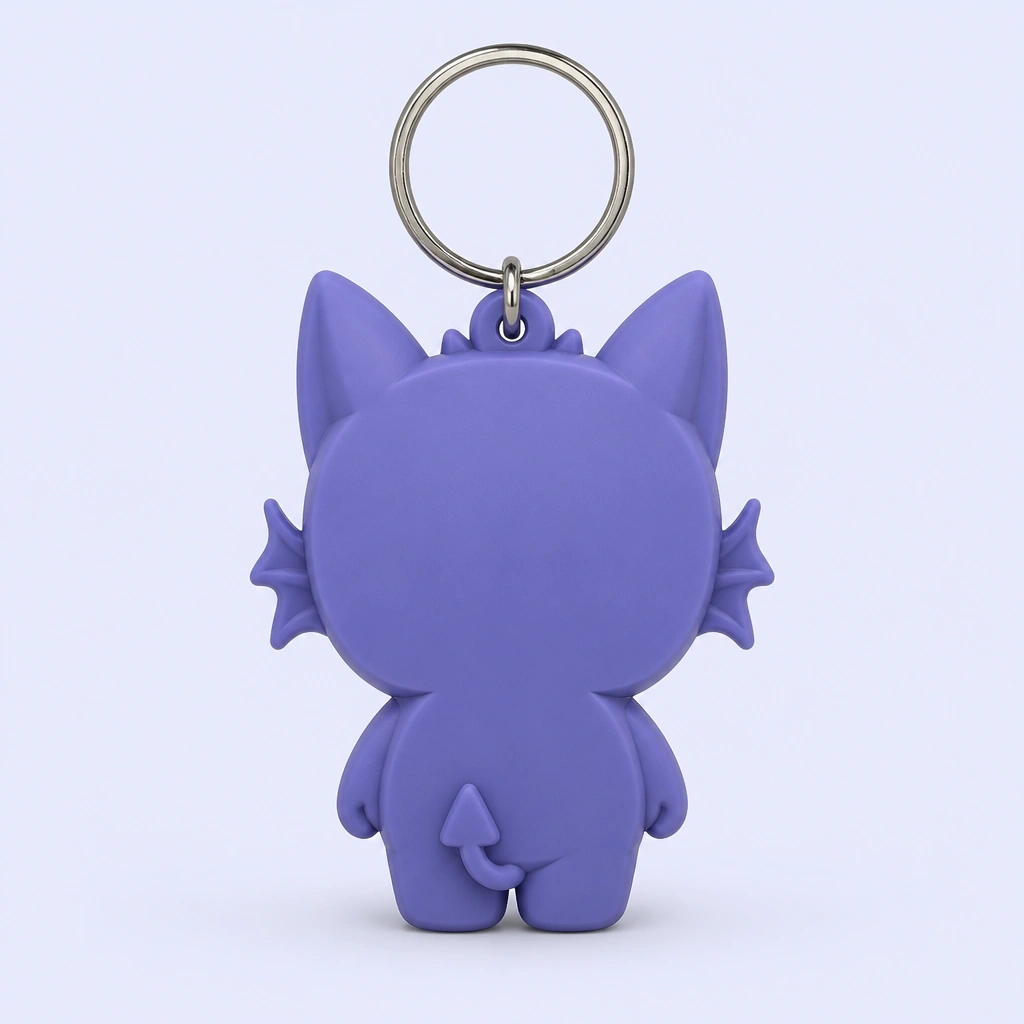 Close-up of a molded 3D soft PVC keychain showing raised relief and colour fill detail