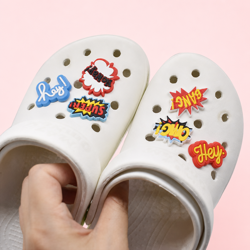 Comic Style Custom Shoe Charms on Clogs