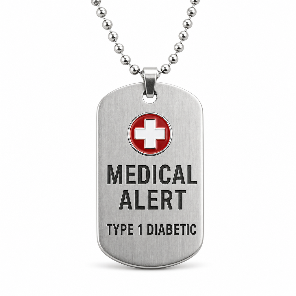 Medical alert dog tag with red emblem