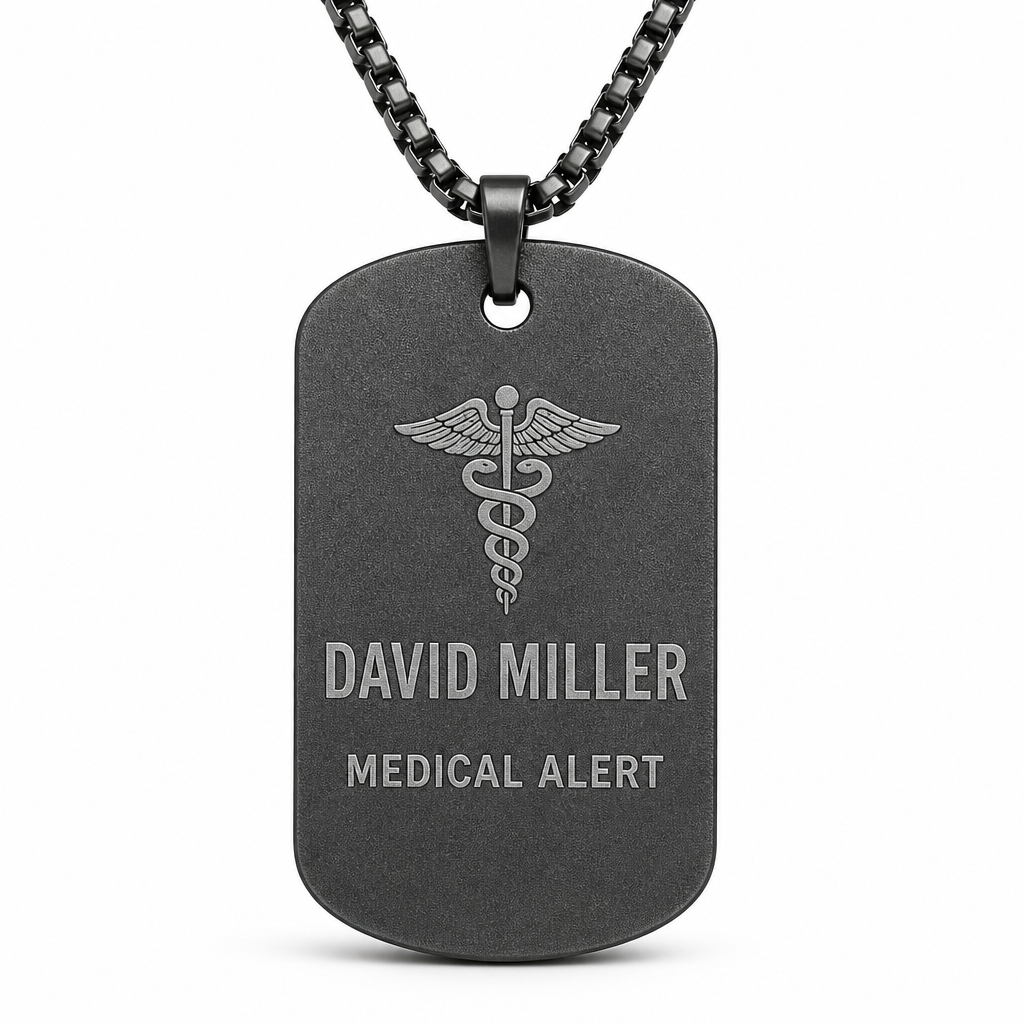 Sandblasted gunmetal dog tag with caduceus