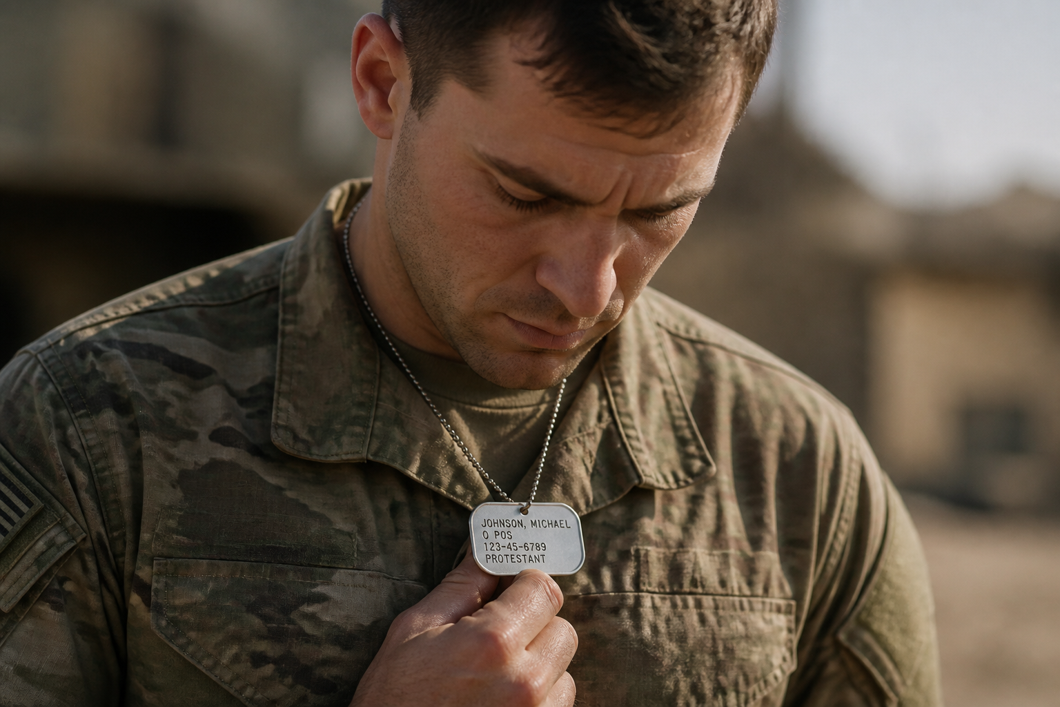 Veteran holding a custom engraved dog tag with personal details