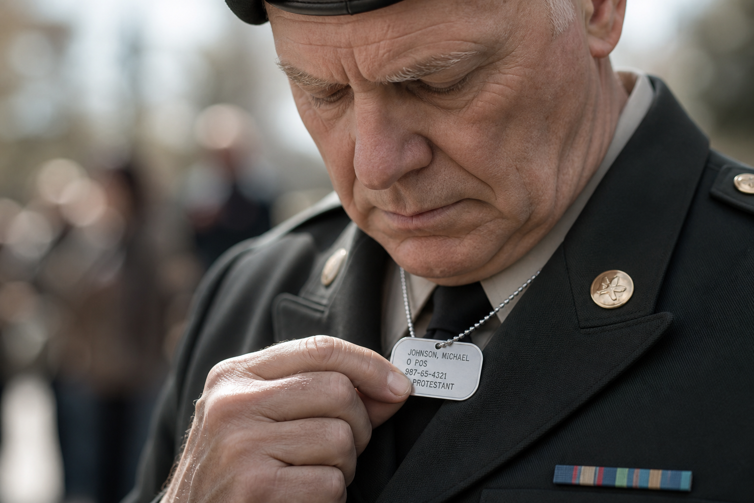 Custom engraved dog tag with personal details held by a veteran