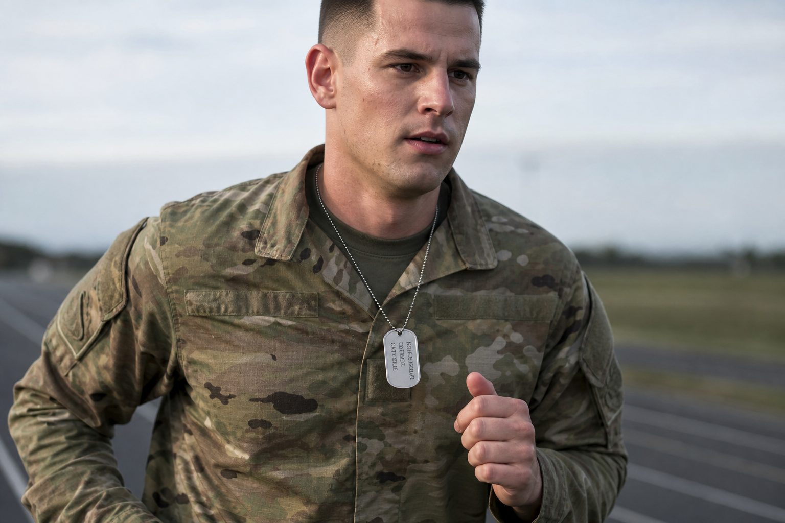 Soldier running on an outdoor track wearing a custom dog tag