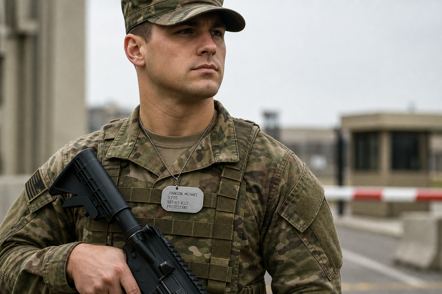Armed soldier wearing a custom engraved dog tag at a checkpoint