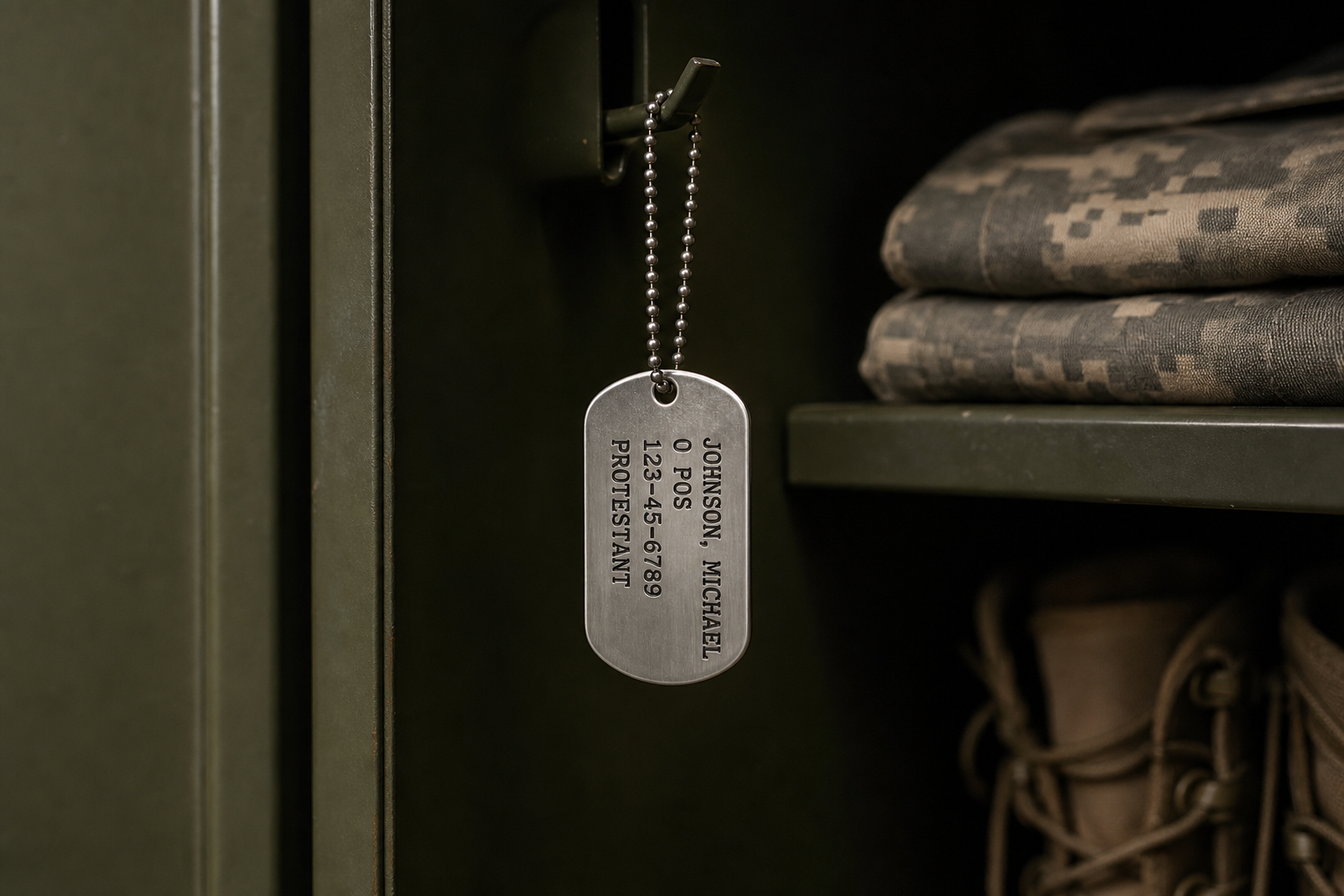 Custom dog tag stored on a locker hook beside a folded uniform