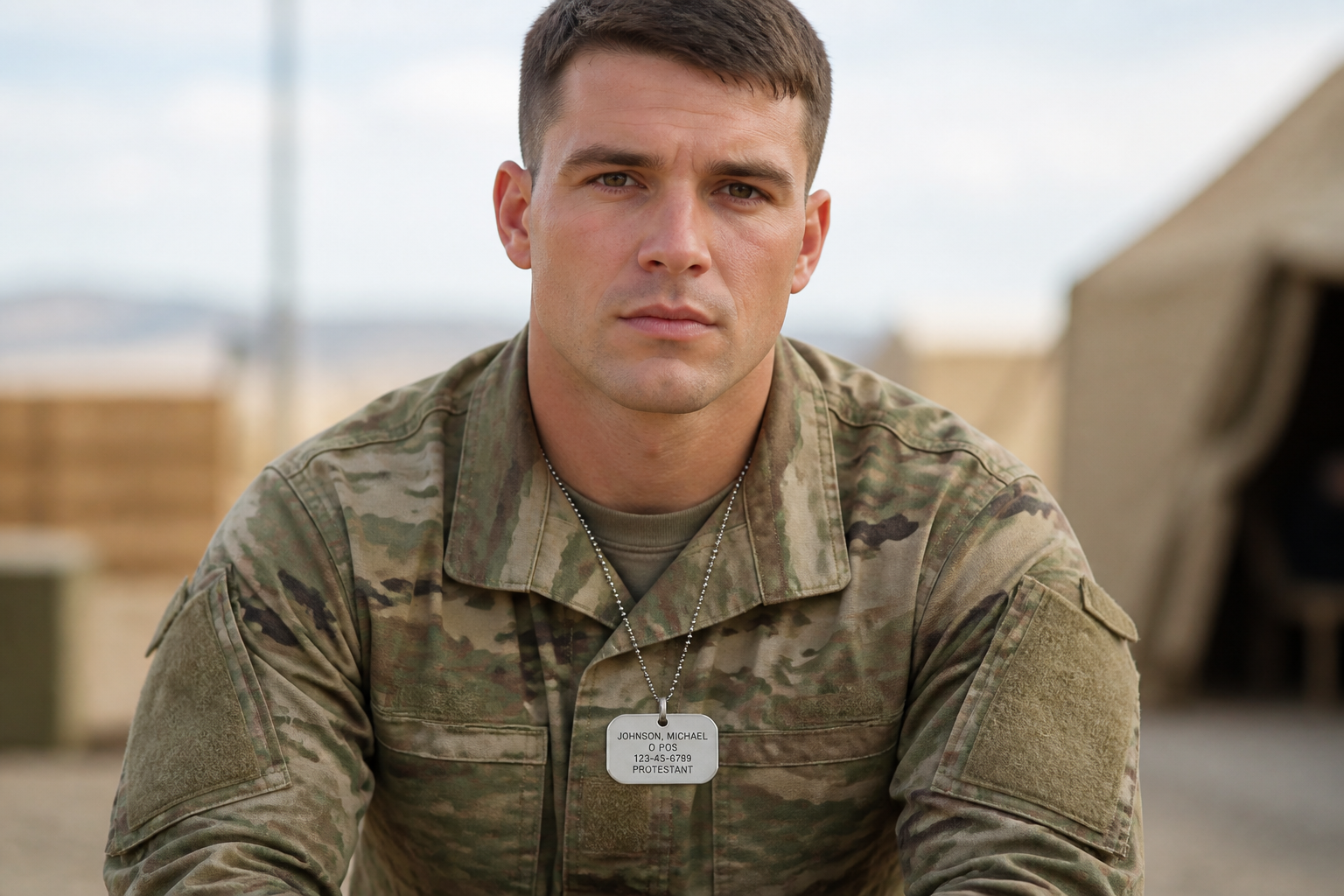 Service member wearing custom dog tags at camp