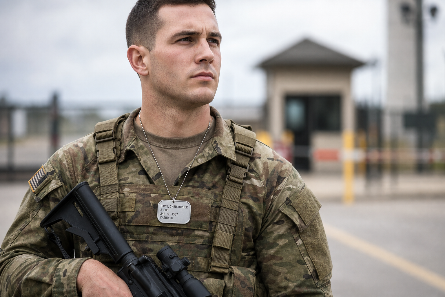 Soldier in front of a military facility wearing a custom dog tag