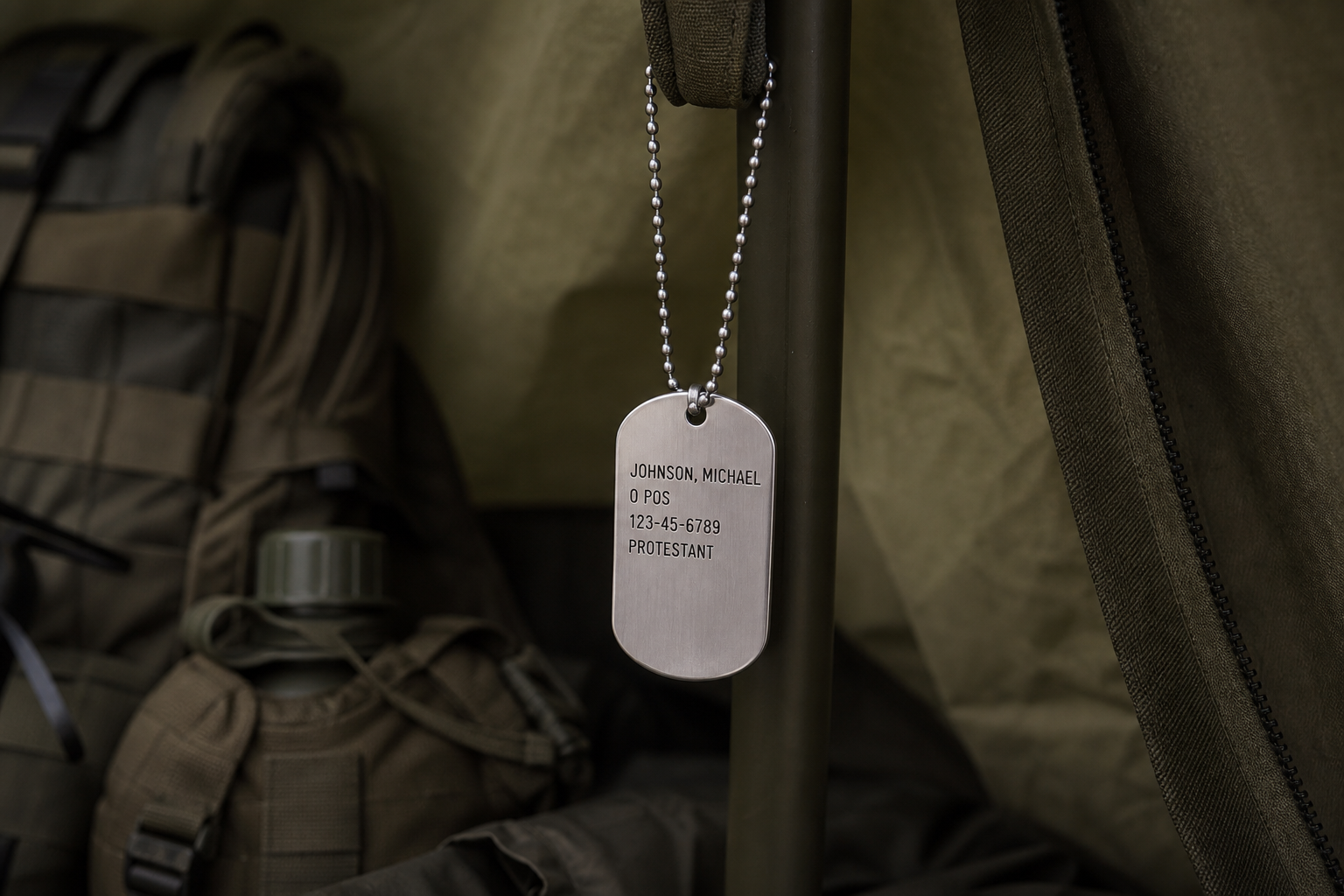 Custom military dog tag on bead chain with tactical gear