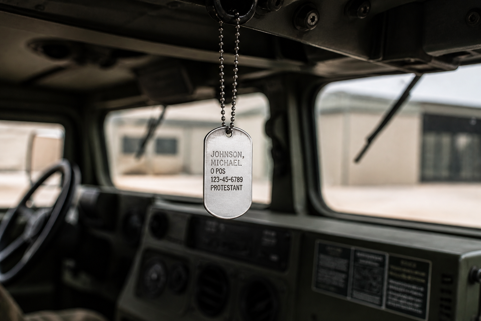 Dog tag hanging inside a military vehicle