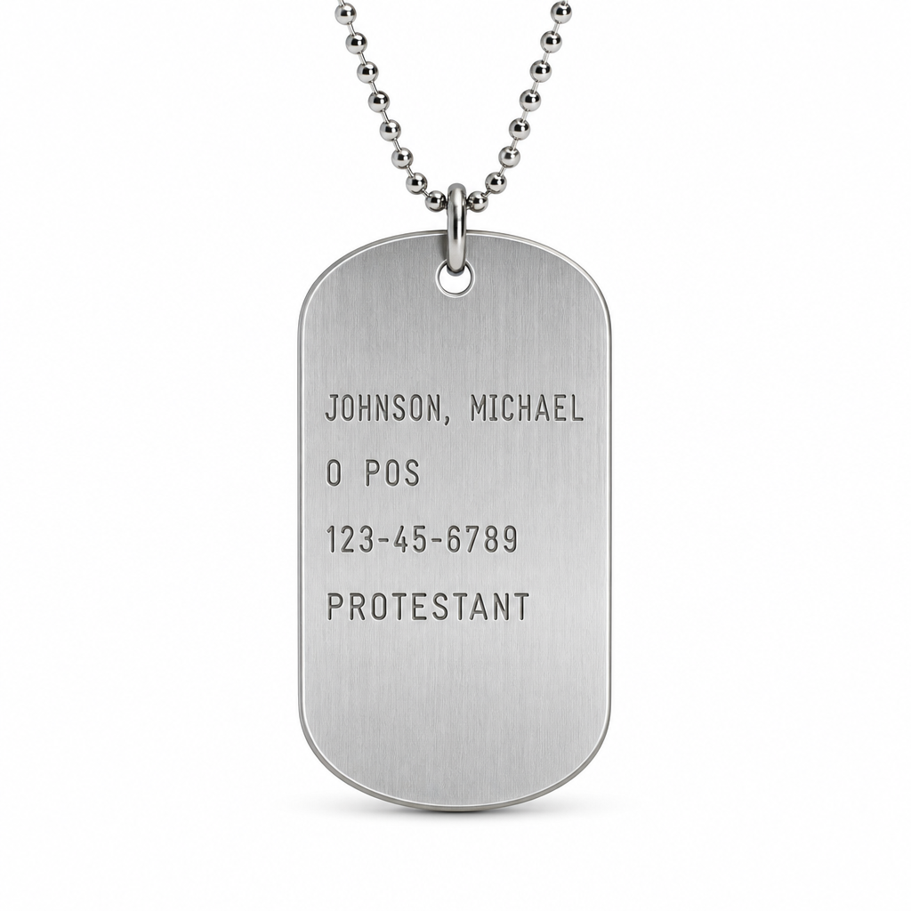 Custom military dog tag engraved with name, blood type and service details