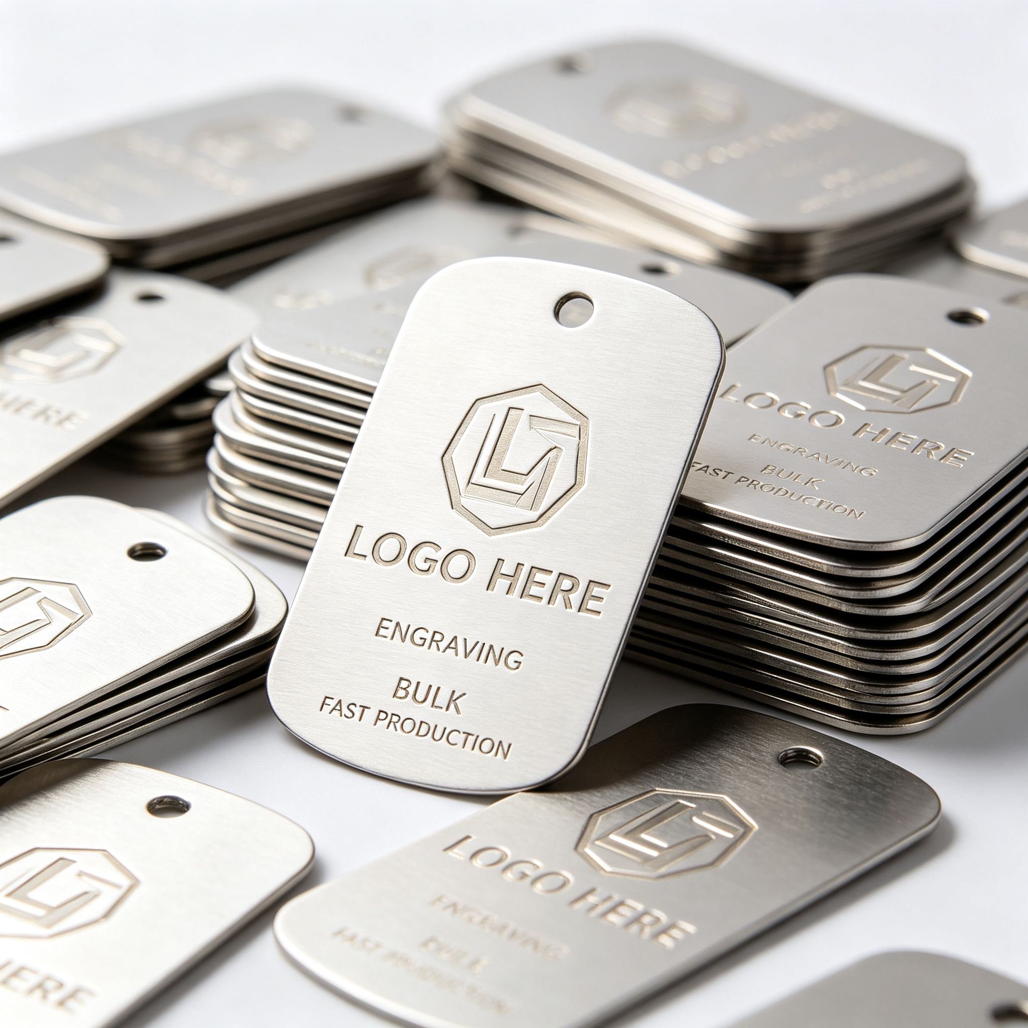 Macro close-up of laser engraved logo-here brushed steel tags