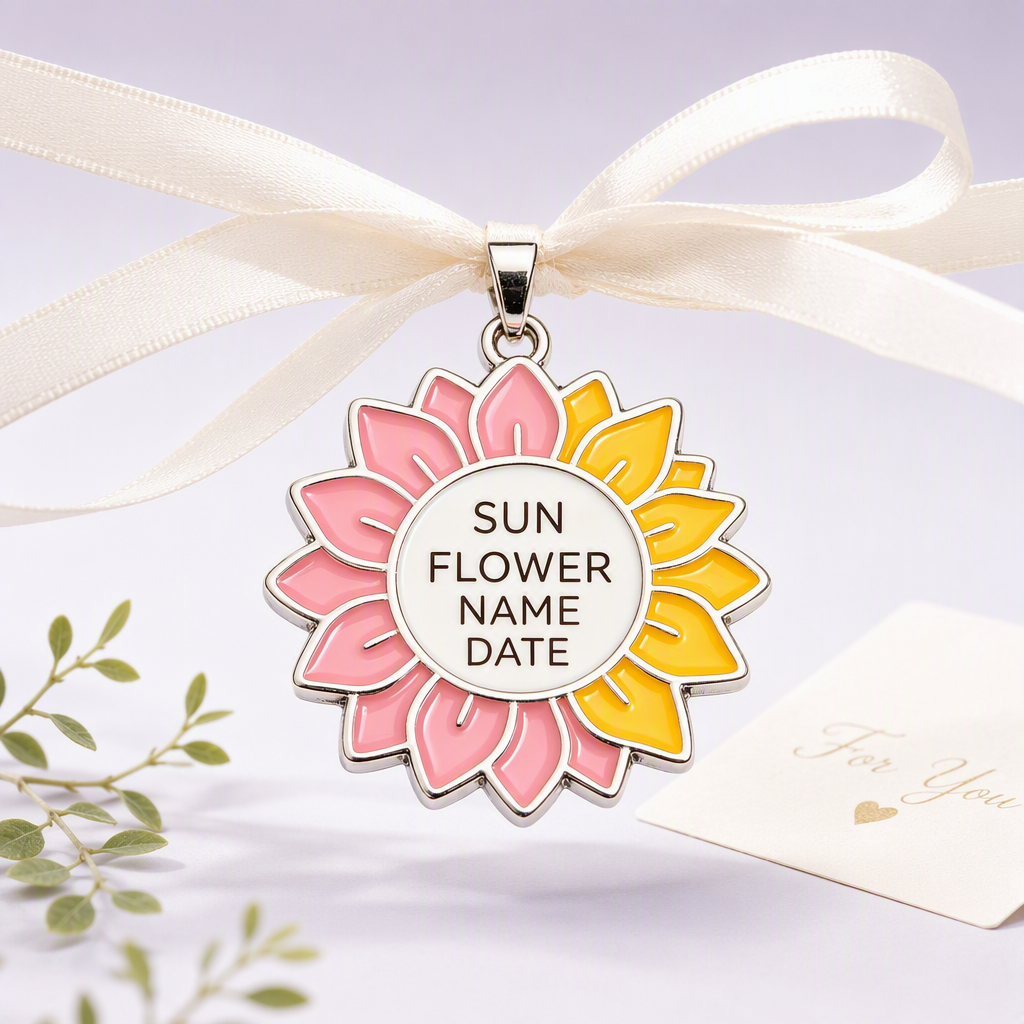 Sunflower shaped dog tag on lavender studio backdrop