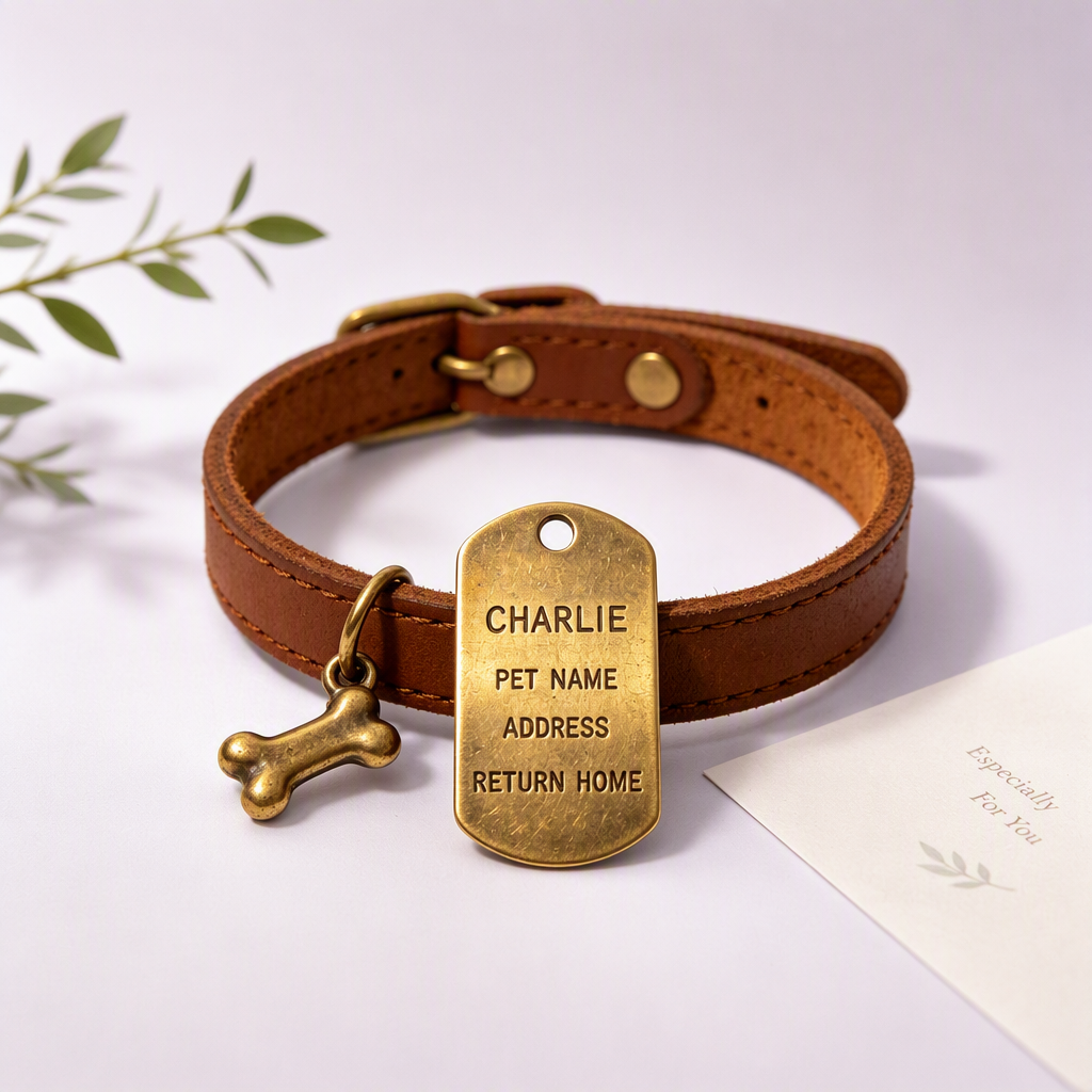 Antique brass pet tag with bone charm on brown leather collar, lavender backdrop