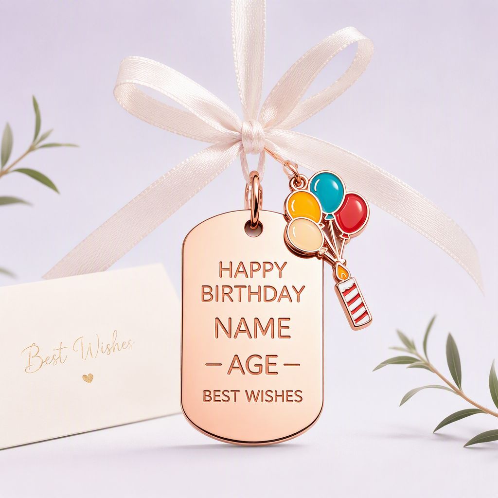 Rose gold birthday dog tag with balloons on lavender backdrop