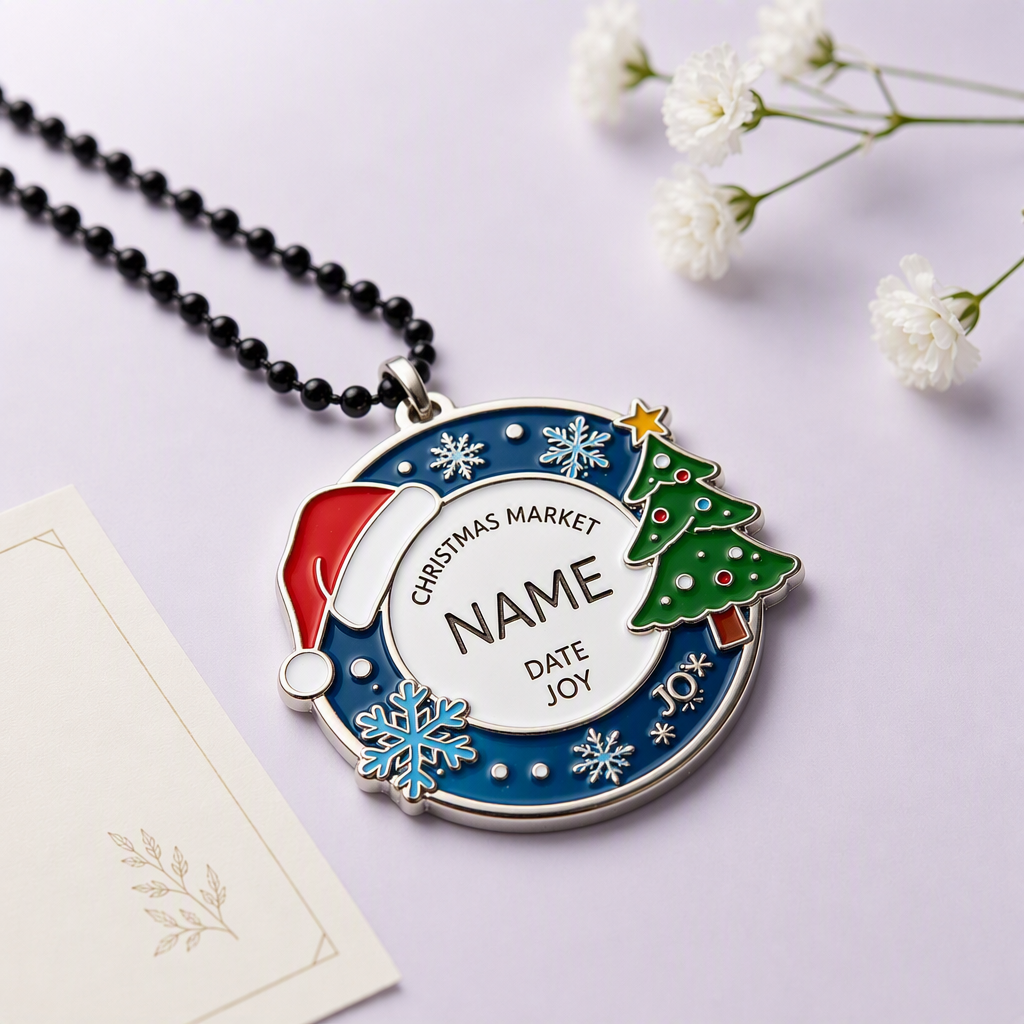 Colorful christmas market dog tag on festive backdrop