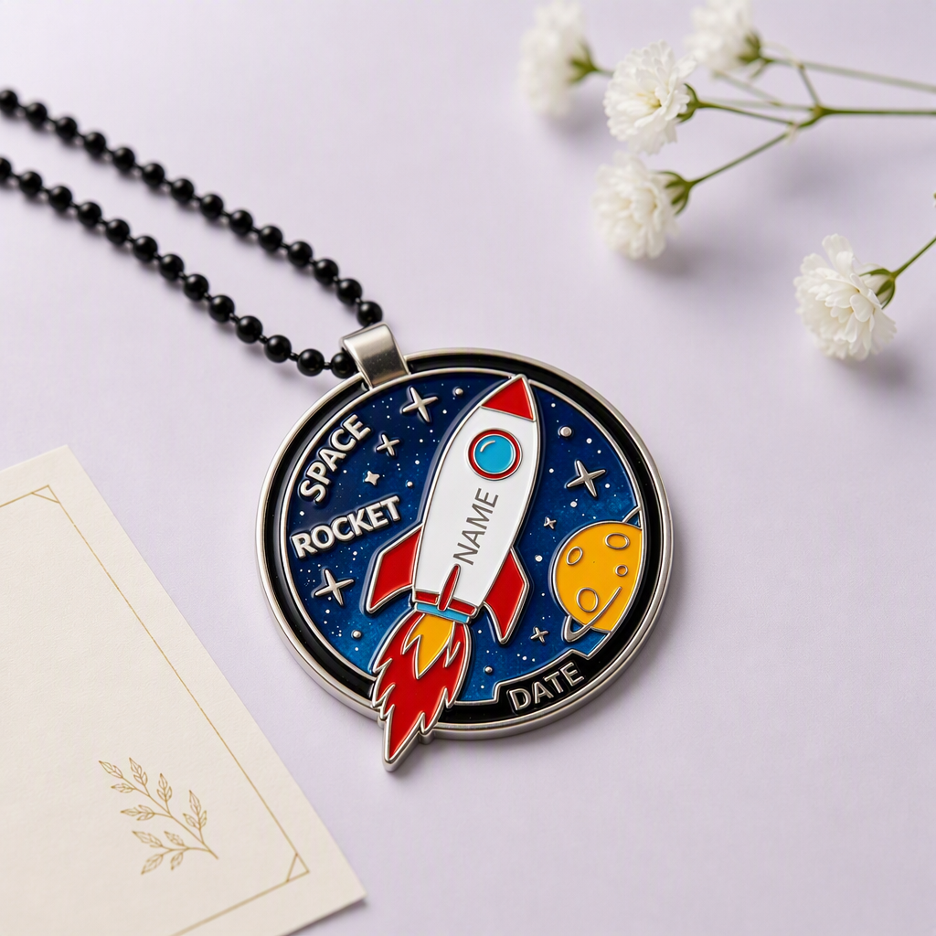 Cartoon rocket and planet space dog tag on lavender backdrop