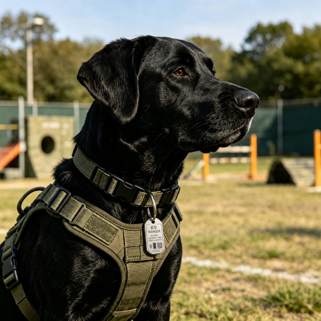 Working dog wearing an engraved ID tag with QR code
