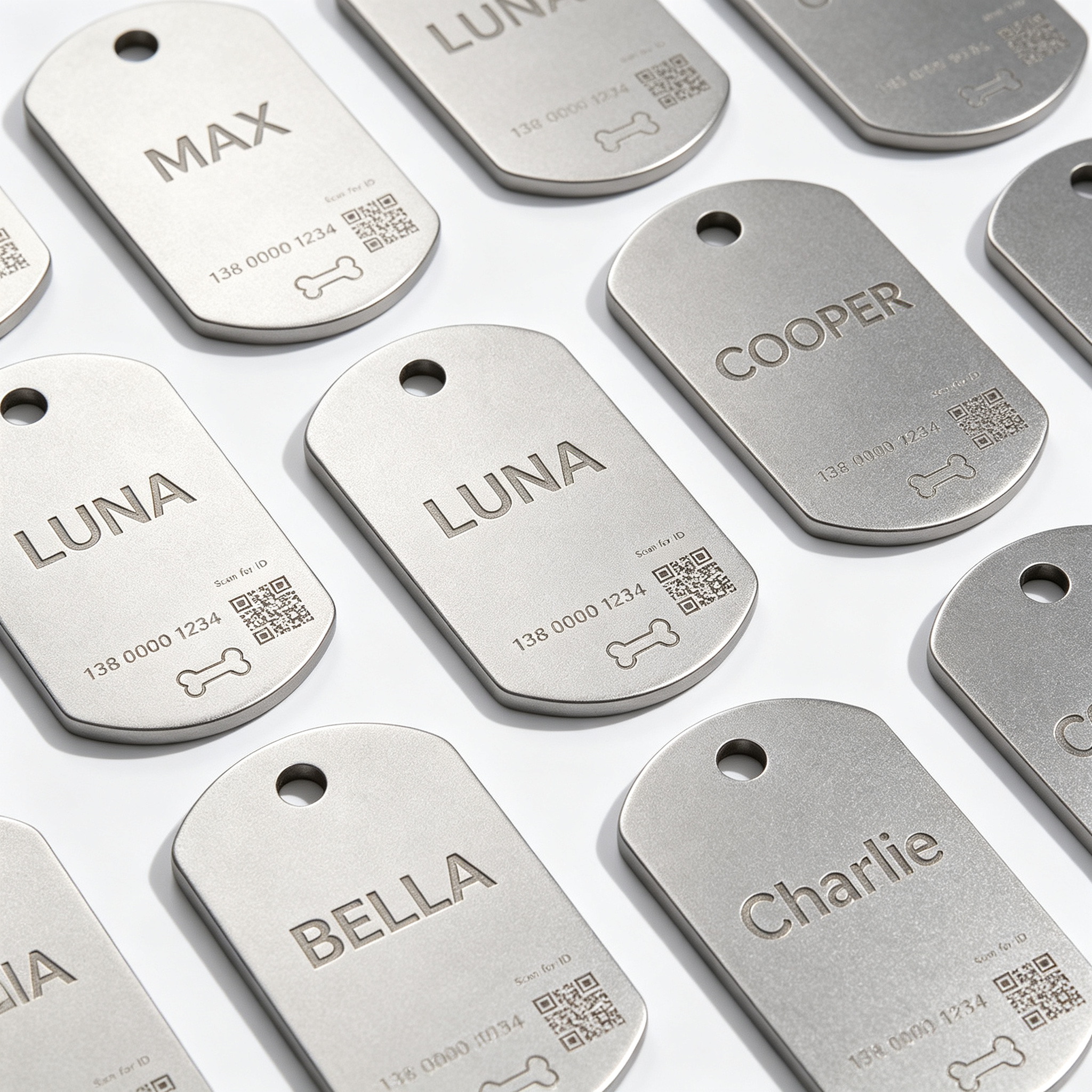 Silver pet ID tags engraved with names and QR codes