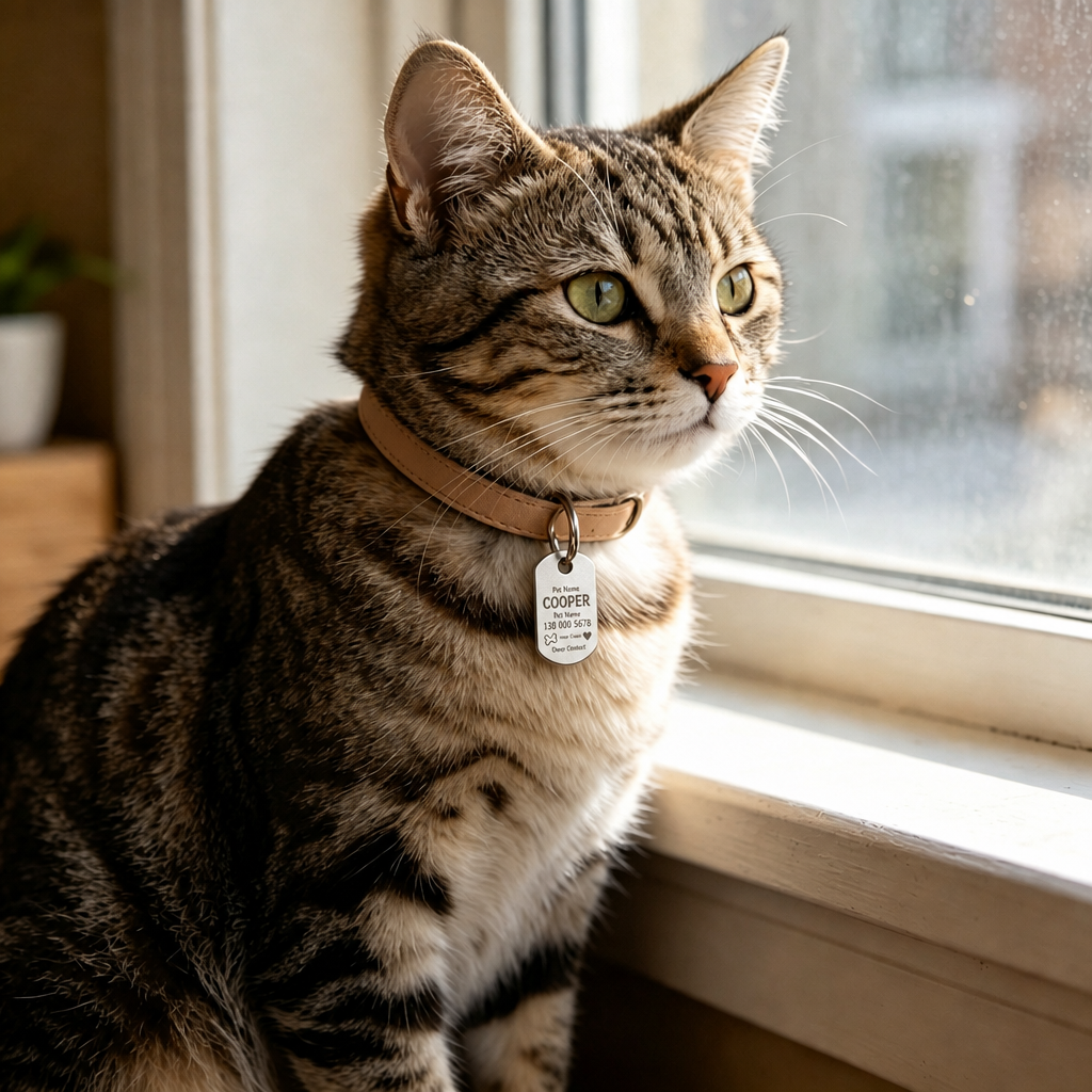Tabby cat with engraved tag on a windowsill