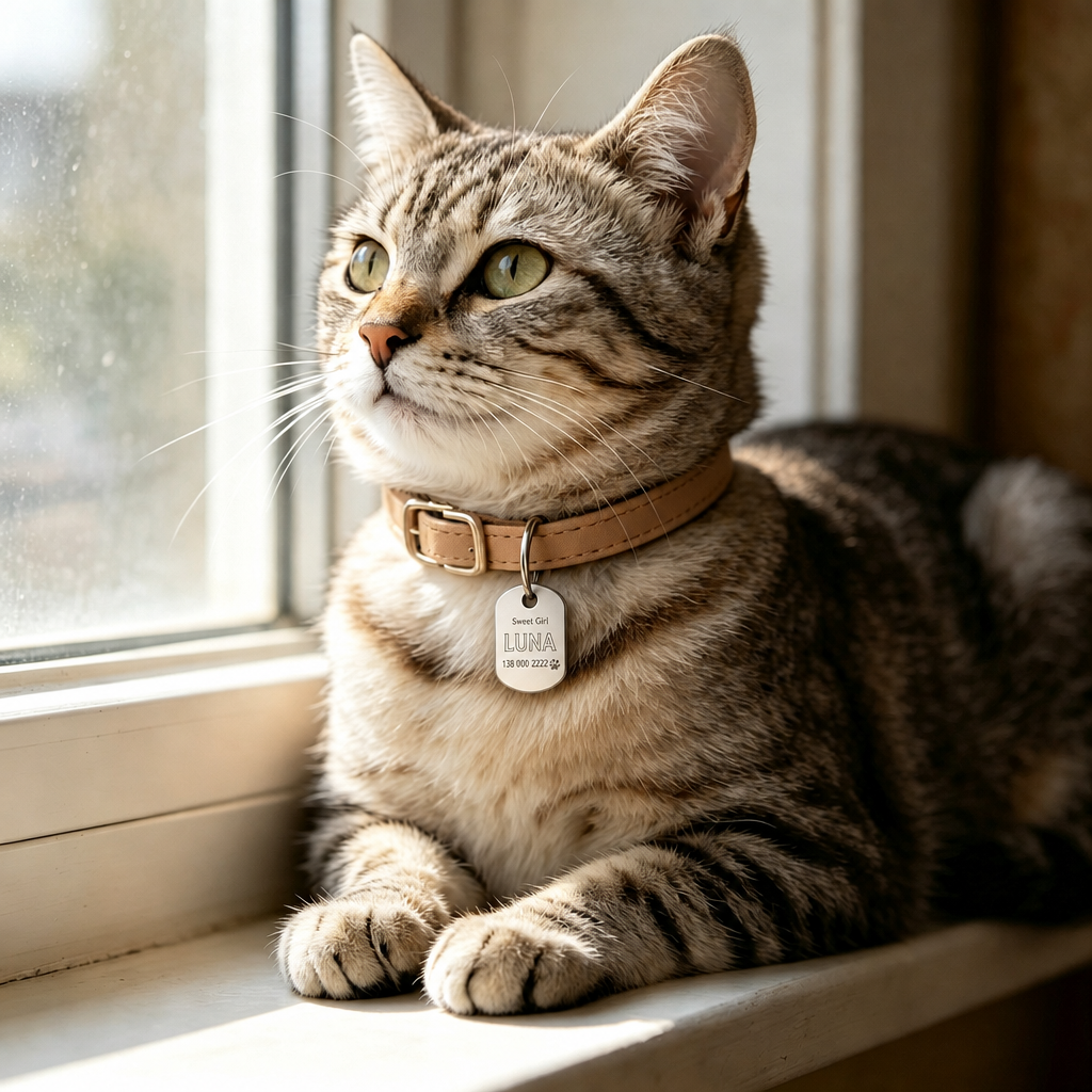 Cat wearing an engraved ID tag on a windowsill