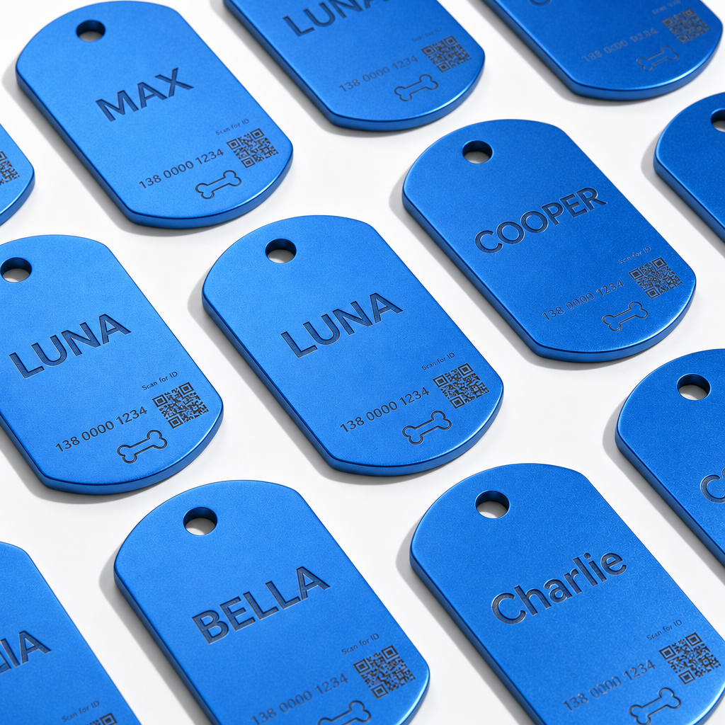 Blue pet ID tags engraved with names and QR codes