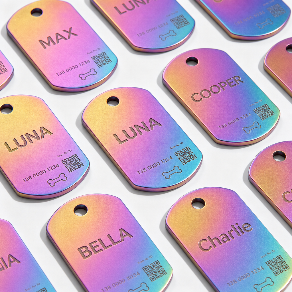 Rainbow iridescent pet ID tags engraved with names and QR codes