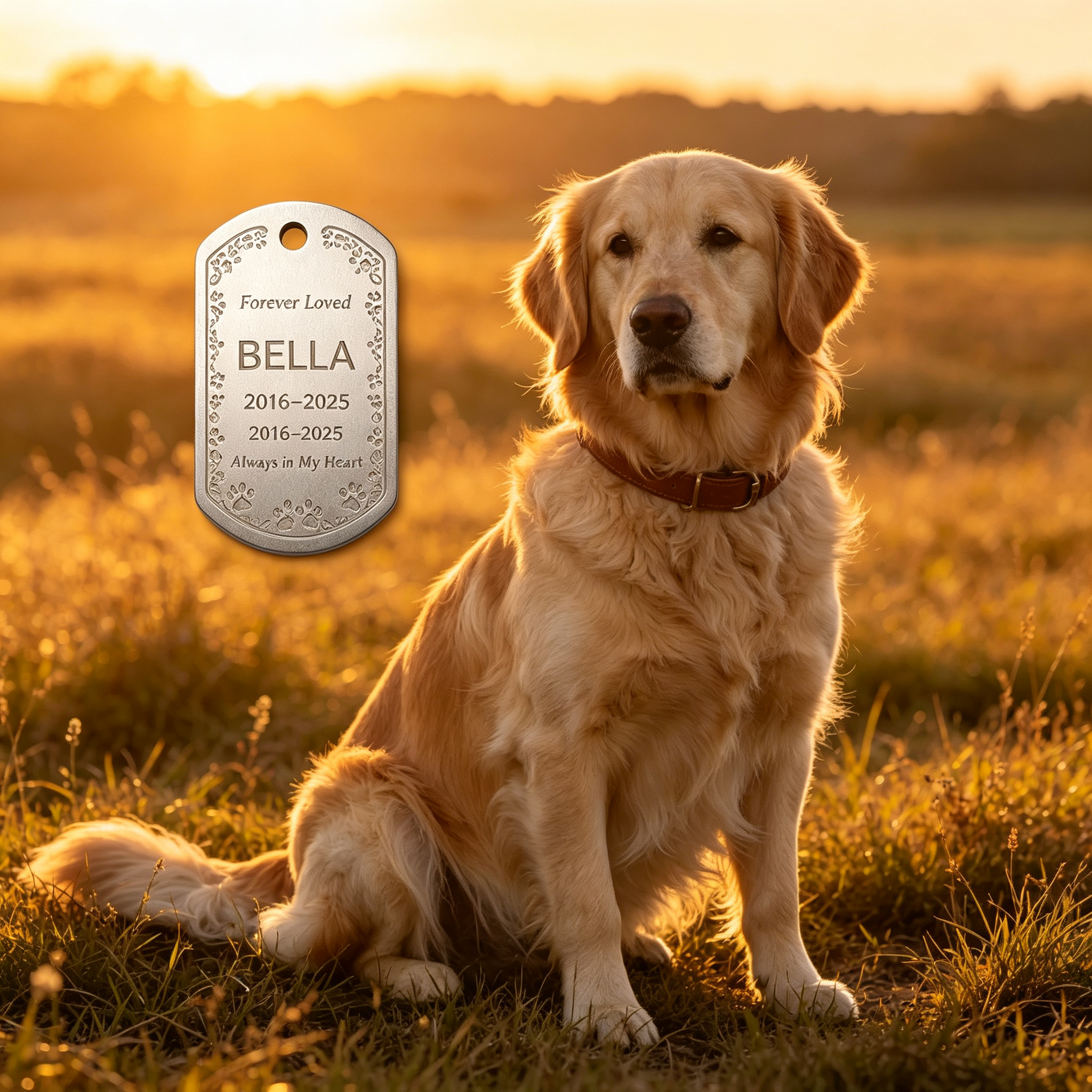 Memorial pet tag engraved with Forever Loved and dates beside a golden retriever