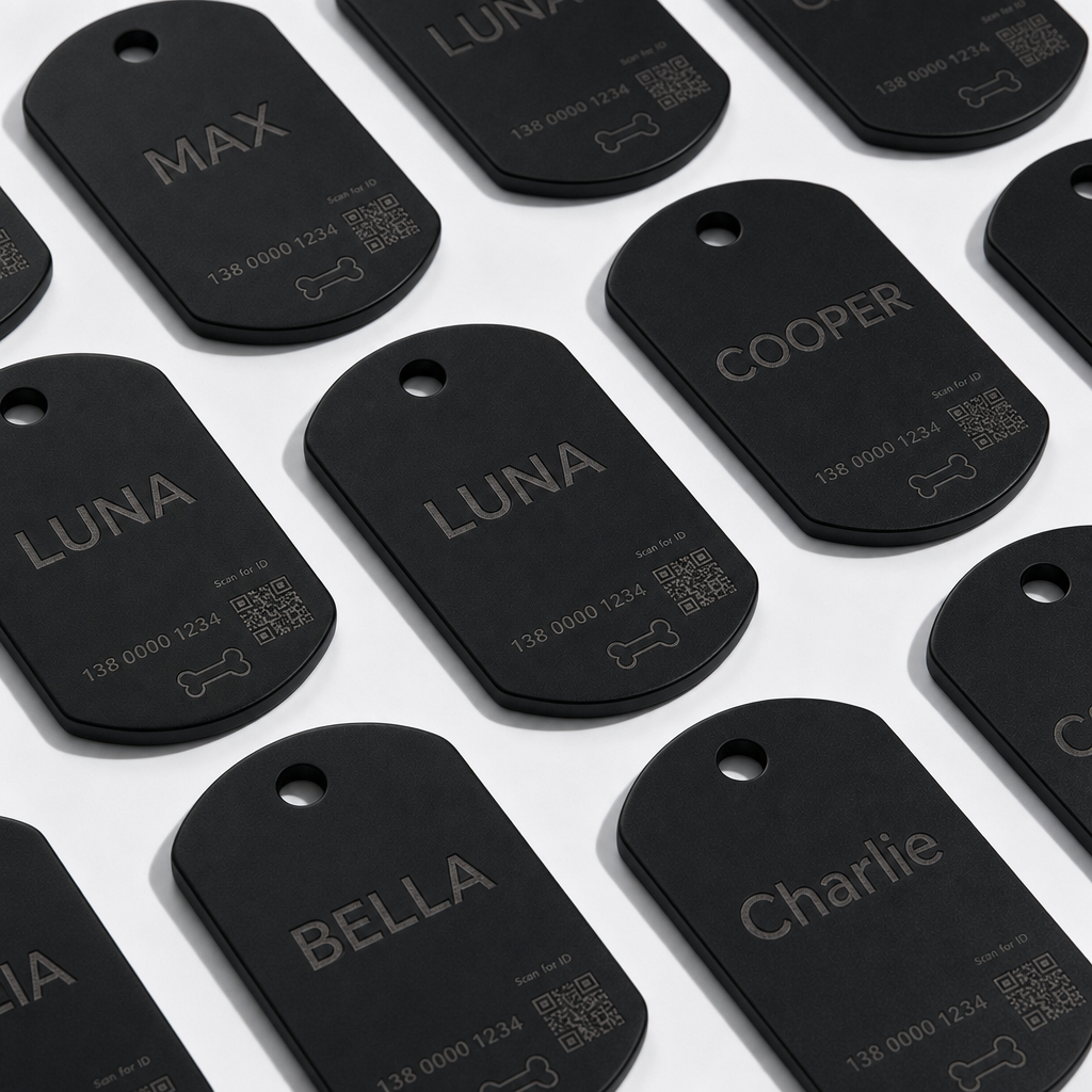 Matte black pet ID tags engraved with names and QR codes