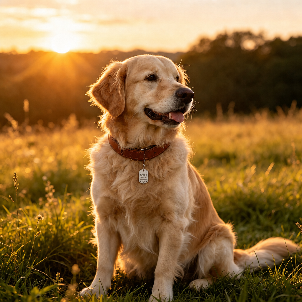 Golden retriever at sunset wearing an engraved memorial tag