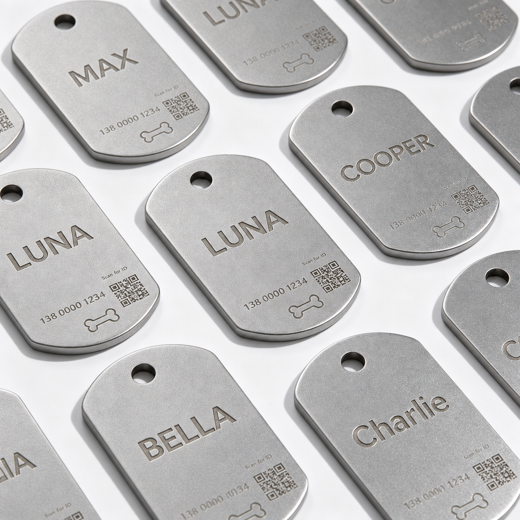 Brushed silver pet ID tags engraved with names and QR codes