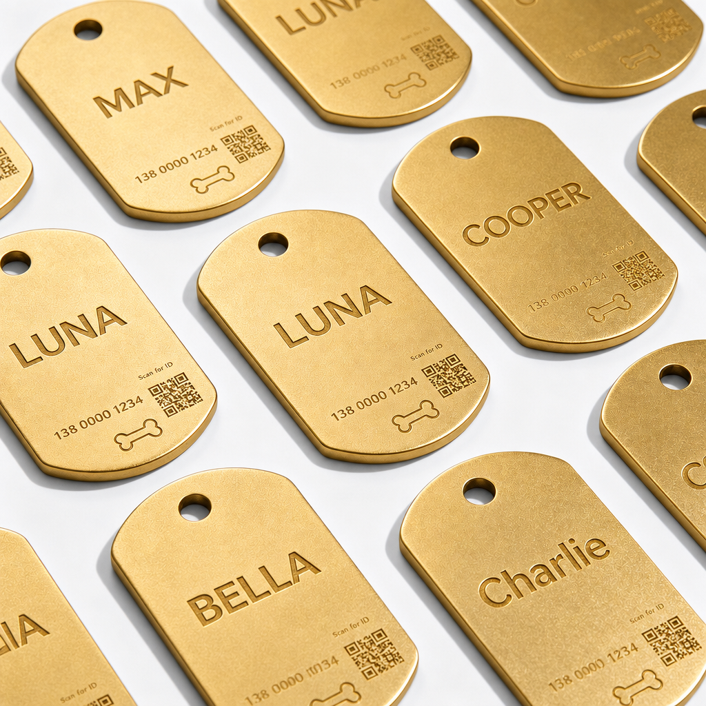 Gold pet ID tags engraved with names and QR codes