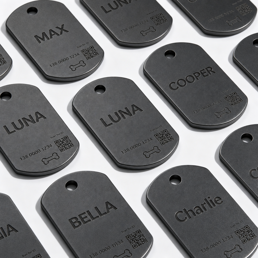 Charcoal pet ID tags with engraved names and QR codes