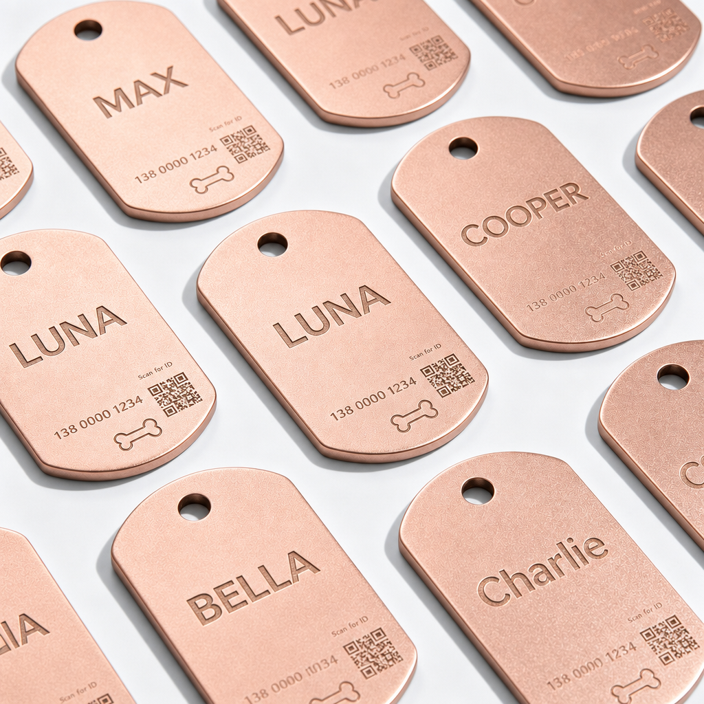 Rose gold pet ID tags engraved with names and QR codes