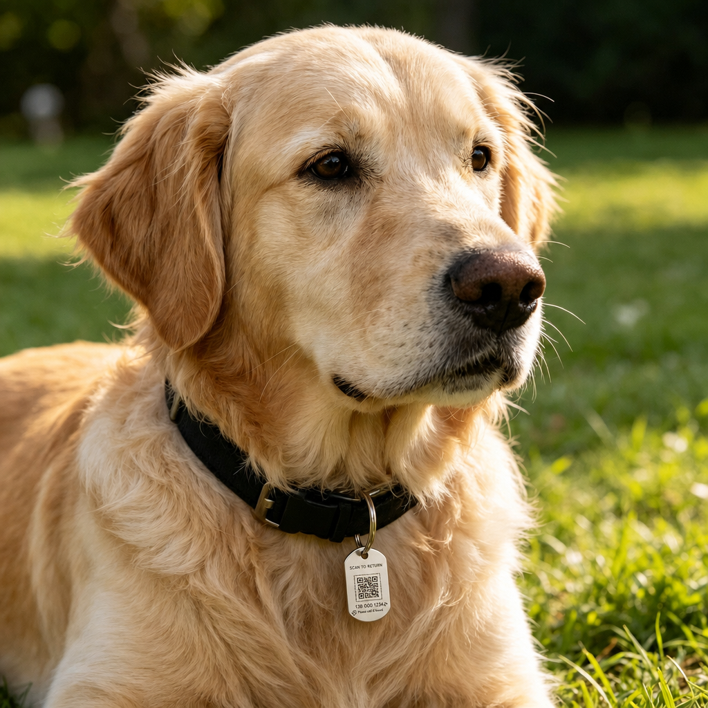 Golden retriever wearing a custom engraved QR pet ID tag