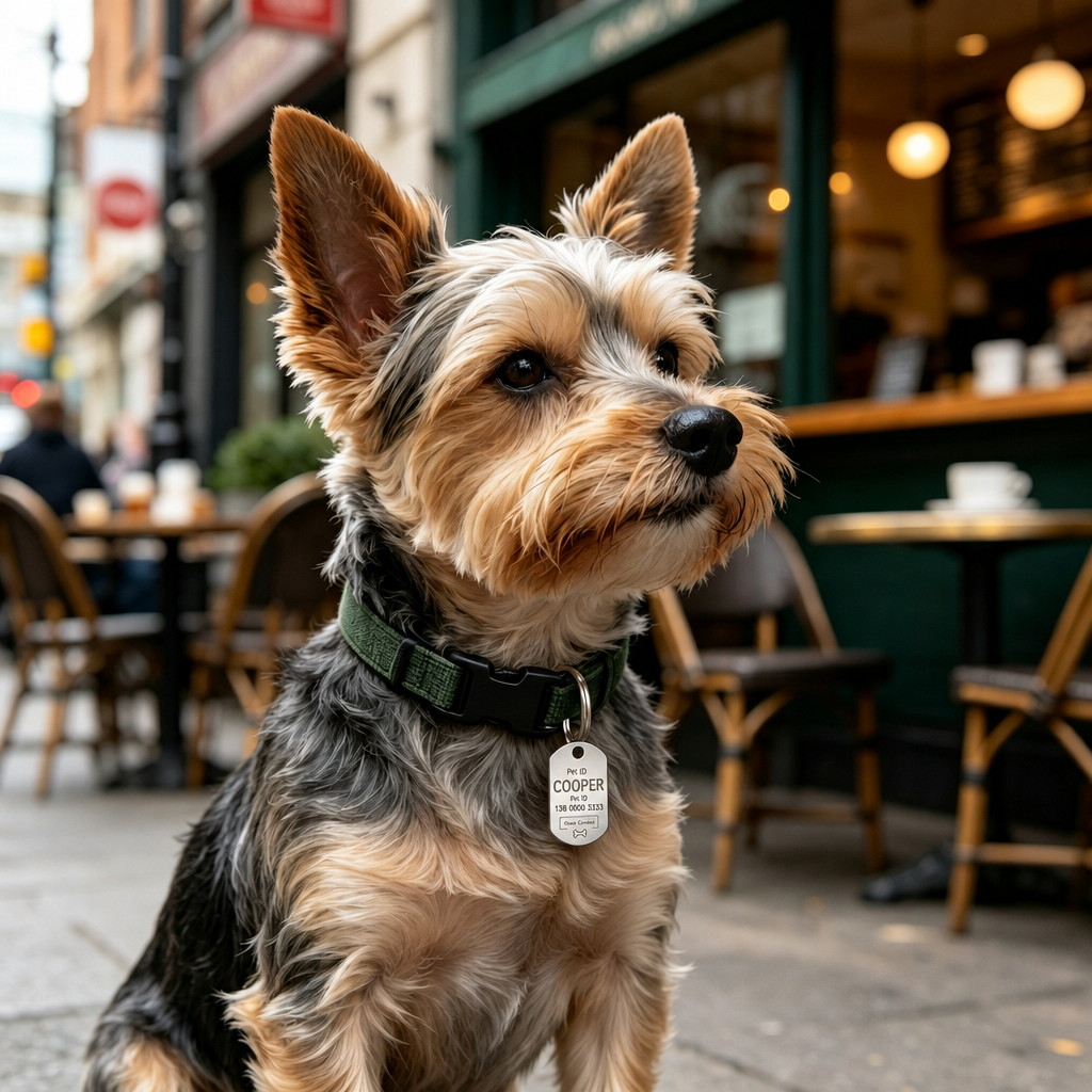 Yorkie with engraved ID tag outside a cafe