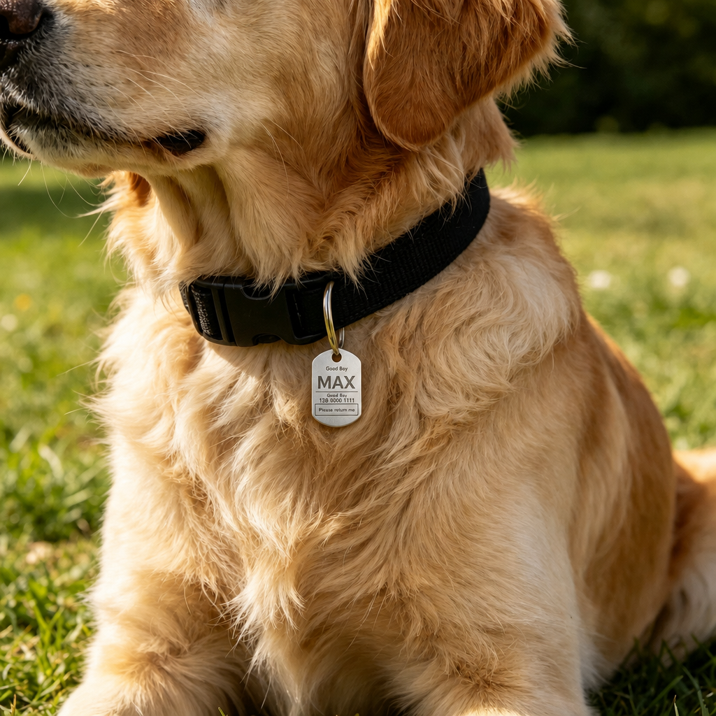 Golden retriever wearing an engraved ID tag in a field