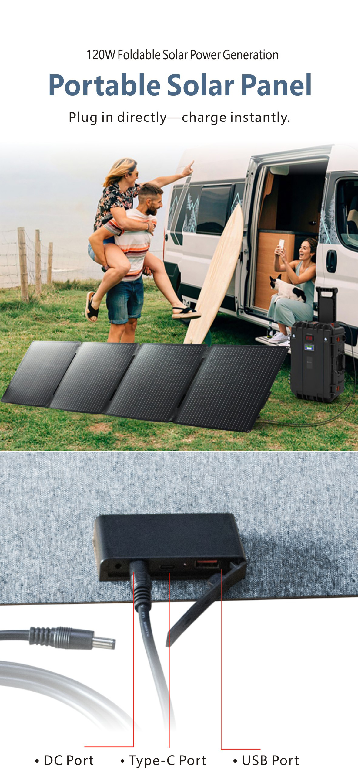 High-efficiency 120W foldable solar panel fully unfolded outdoors, showing four monocrystalline sections generating portable solar power under sunlight.