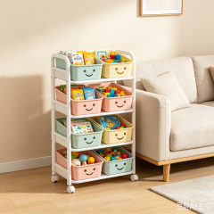 Kids Smiley Face Rolling Storage Cart, Detachable Macaron Baskets Toy Organizer Trolley, Movable Multi-Layer Storage Cart for Kids Bedroom Living Room Playroom Small Space