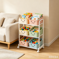 Kids Smiley Face Rolling Storage Cart, Detachable Macaron Baskets Toy Organizer Trolley, Movable Multi-Layer Storage Cart for Kids Bedroom Living Room Playroom Small Space