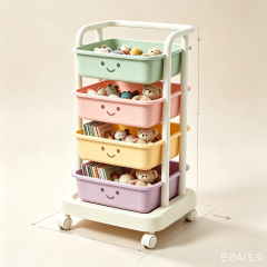 Kids Smiley Face Rolling Storage Cart, Detachable Macaron Baskets Toy Organizer Trolley, Movable Multi-Layer Storage Cart for Kids Bedroom Living Room Playroom Small Space