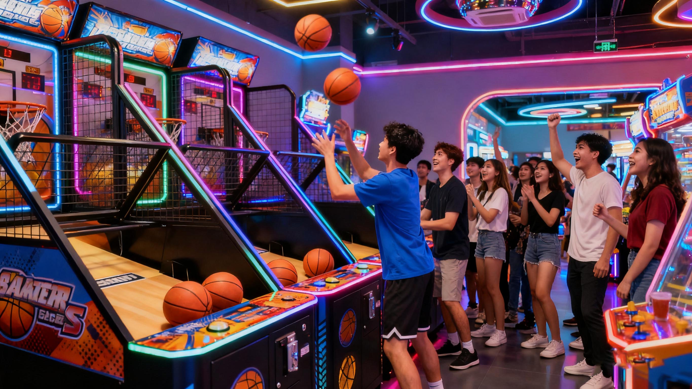People playing arcade basketball machines in a game center