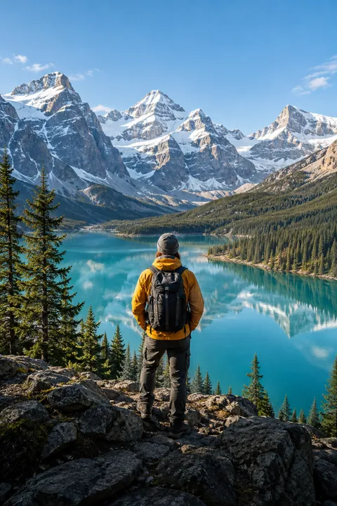 山湖前的背包旅行者