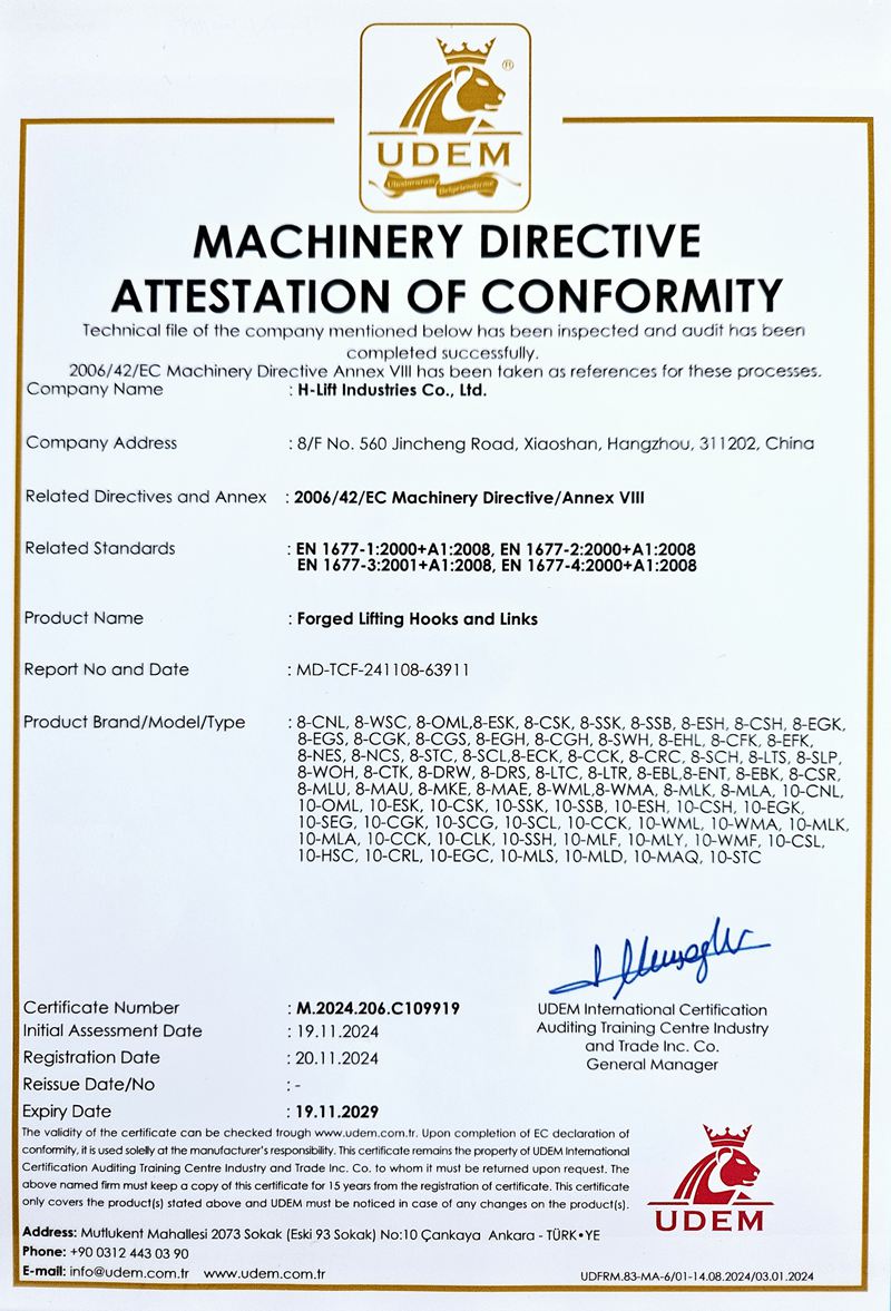Forged Lifting Hooks and Links EN 1677 CE Certificate
