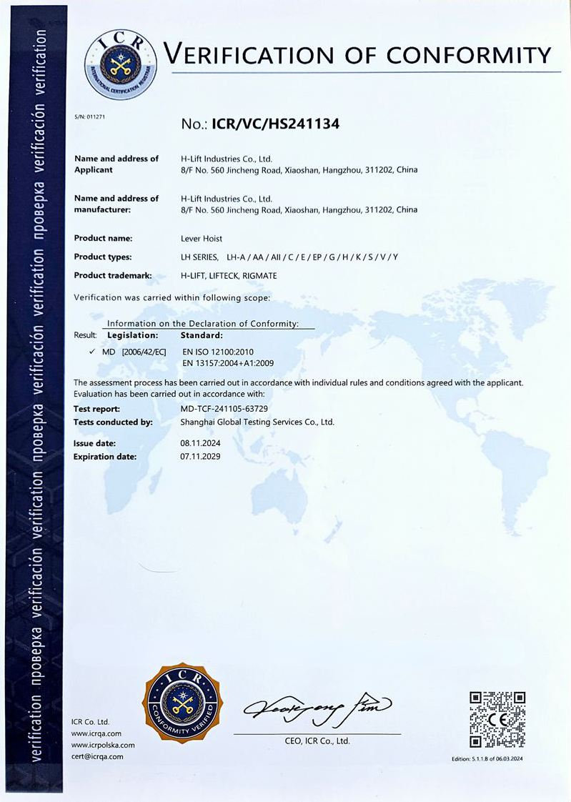 Lever Hoist EN 13157 CE Certificate