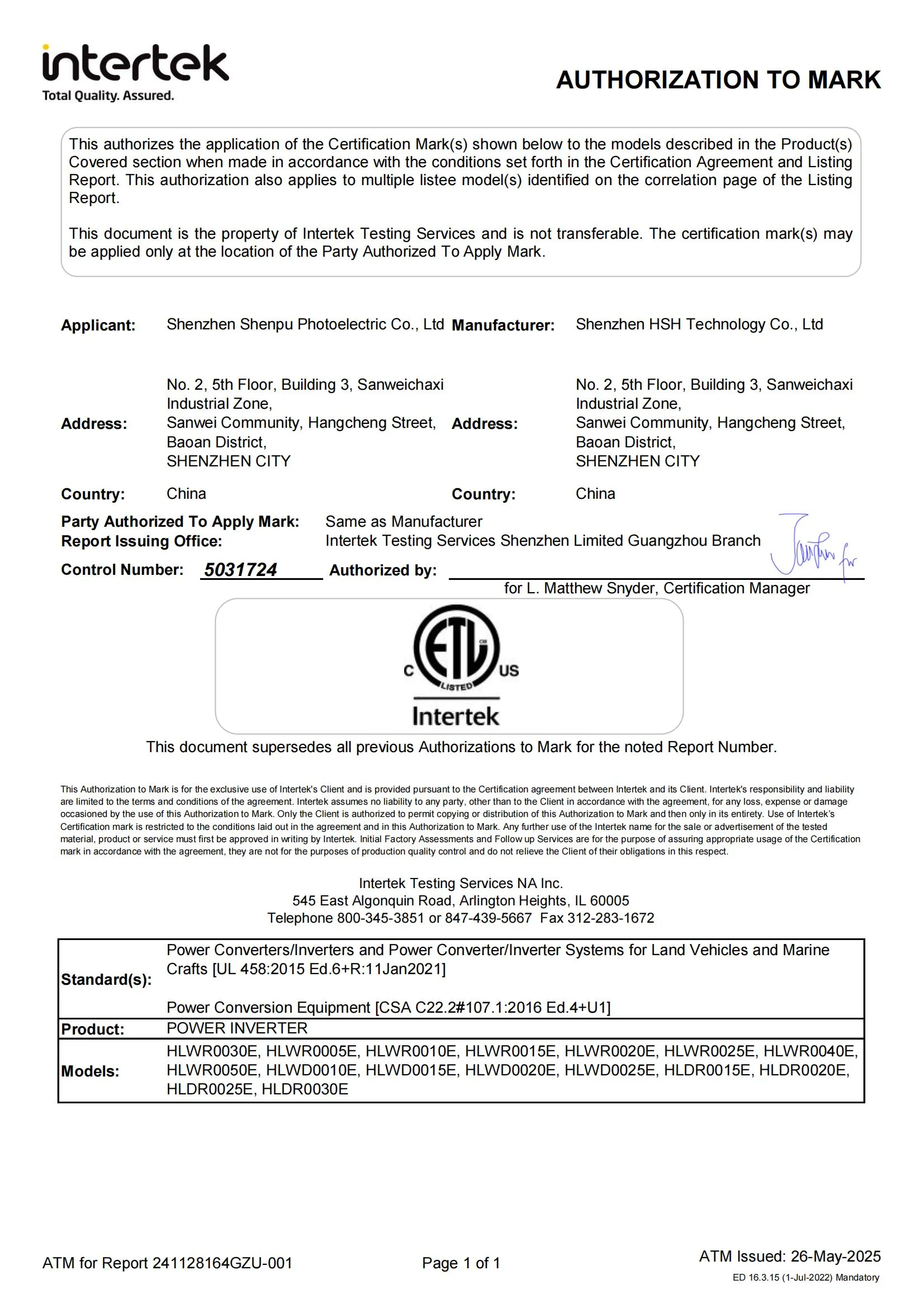 HOULI power inverter ETL certification document