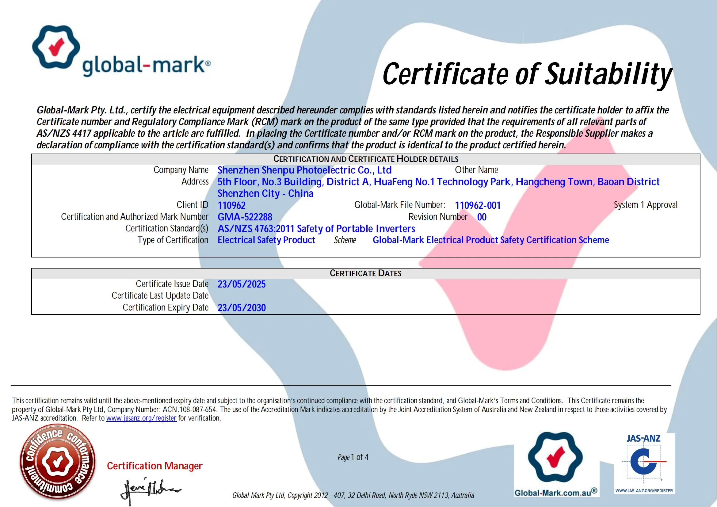 HOULI power inverter SAA certification document for Australia