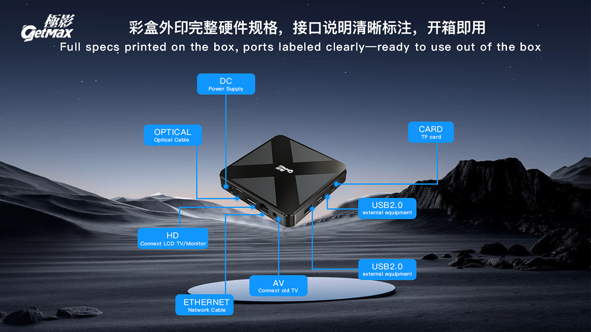 Complete hardware specifications printed on the GetMax TV Box retail packaging.
