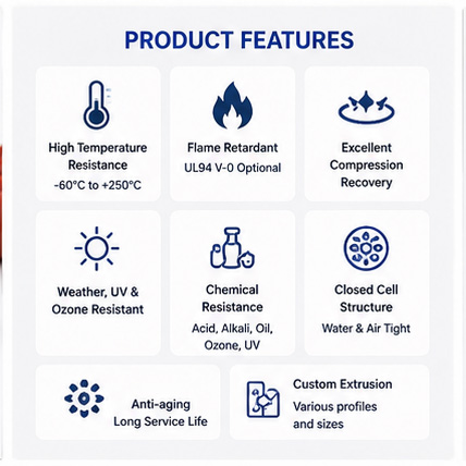 Features of high temperature closed cell silicone foam strips