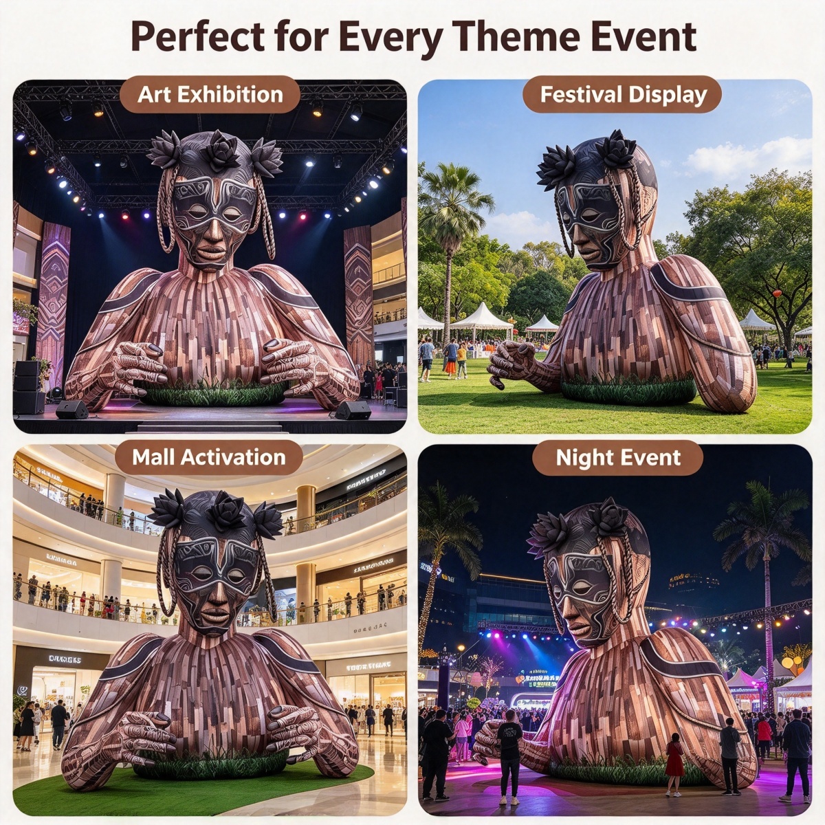 Giant tribal mask inflatable sculpture bust, wood grain totem printing with lotus head decor