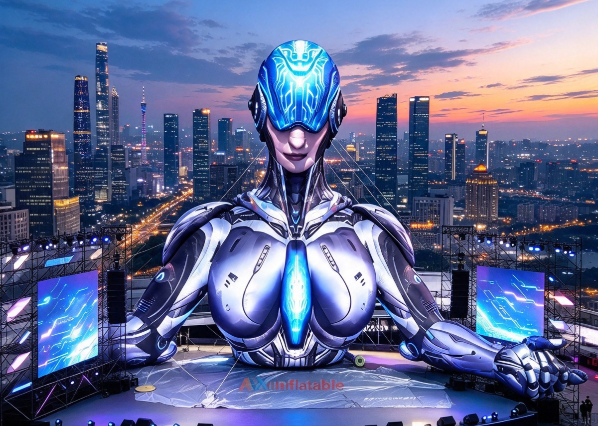 Giant cyborg inflatable on stage at sunset music festival, plain nylon inflatable art installation